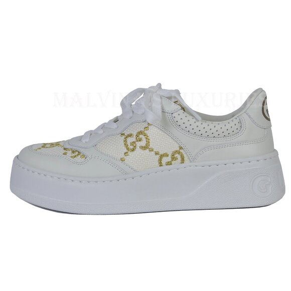 GUCCI SNEAKERS CHUNKY WHITE LEATHER GG LOGO GOLD LAME SHOES sz 36 6 - Picture 5 of 15